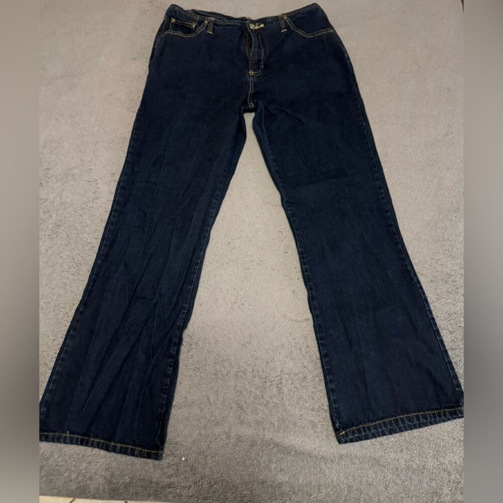 Mossimo Supply Co. Dark Blue Denim with Tan Stitching Wide Leg Jeans.